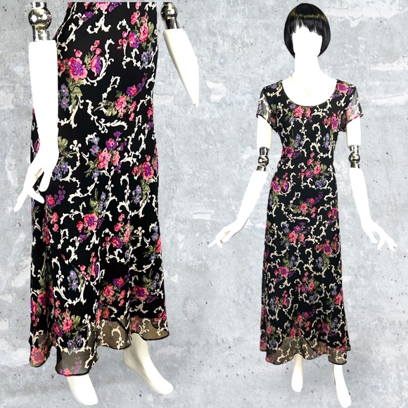 Vintage 90s Beaded Sequined Semi Sheer Floral Maxi Dress New Old Stock with Tag - Picture 1 of 5